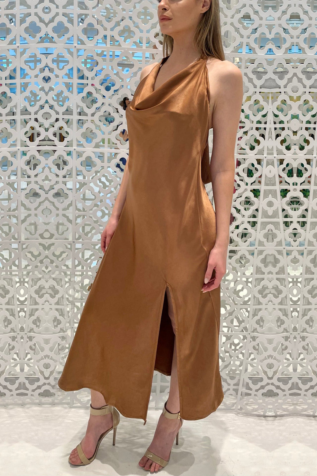 midi dress satin,
midi dress for women,
midi dress brown, HT 360 Collective,