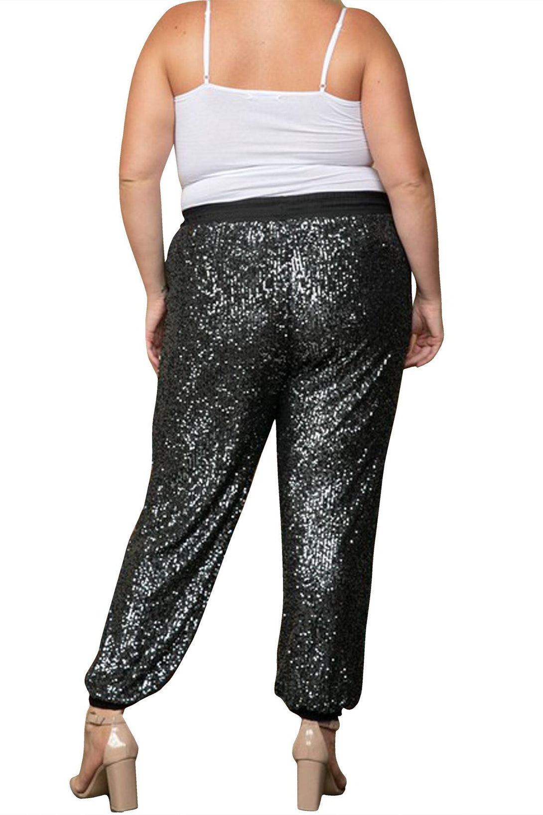 "womens plus size sequin joggers" "jogger sequin pants" "womens black sequin joggers" "HT 360 Collective" 