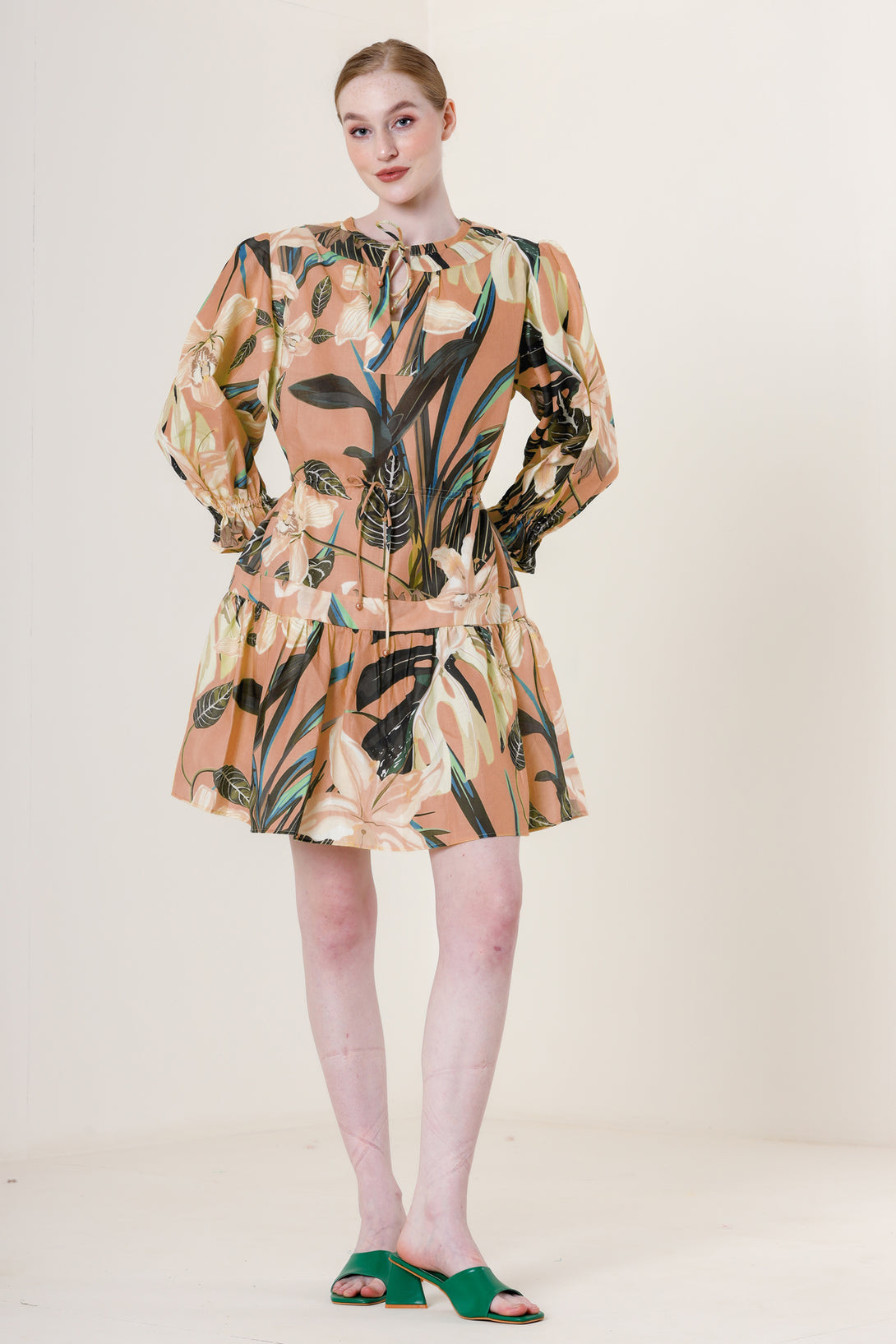 beige short dress, long sleeve knee length dress, printed mini dress, HT 360 Collective,