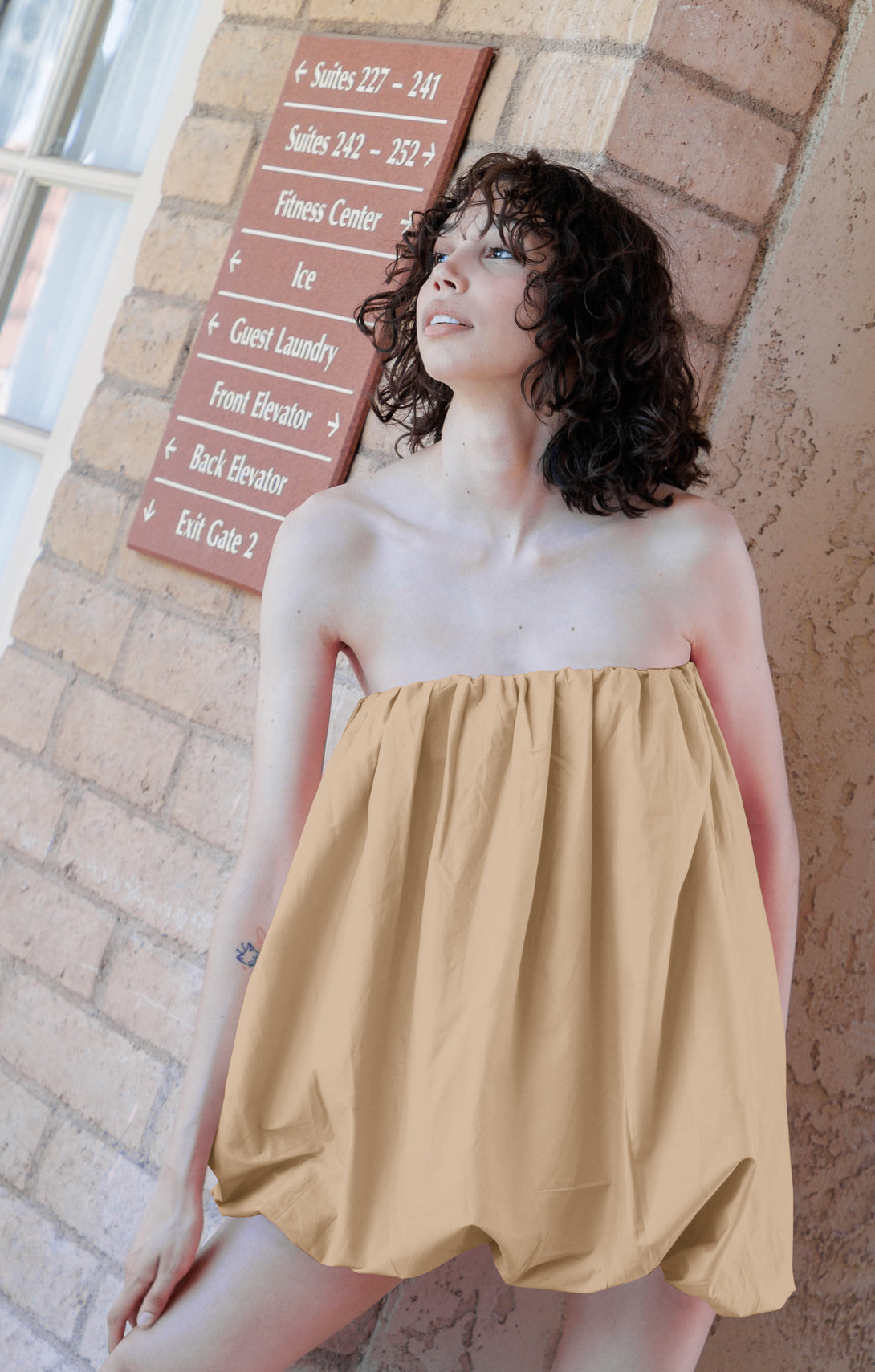 bubble dress hem, HT 360 Collective, full dress, dress with bubble hem, soft volume, dress in beige,