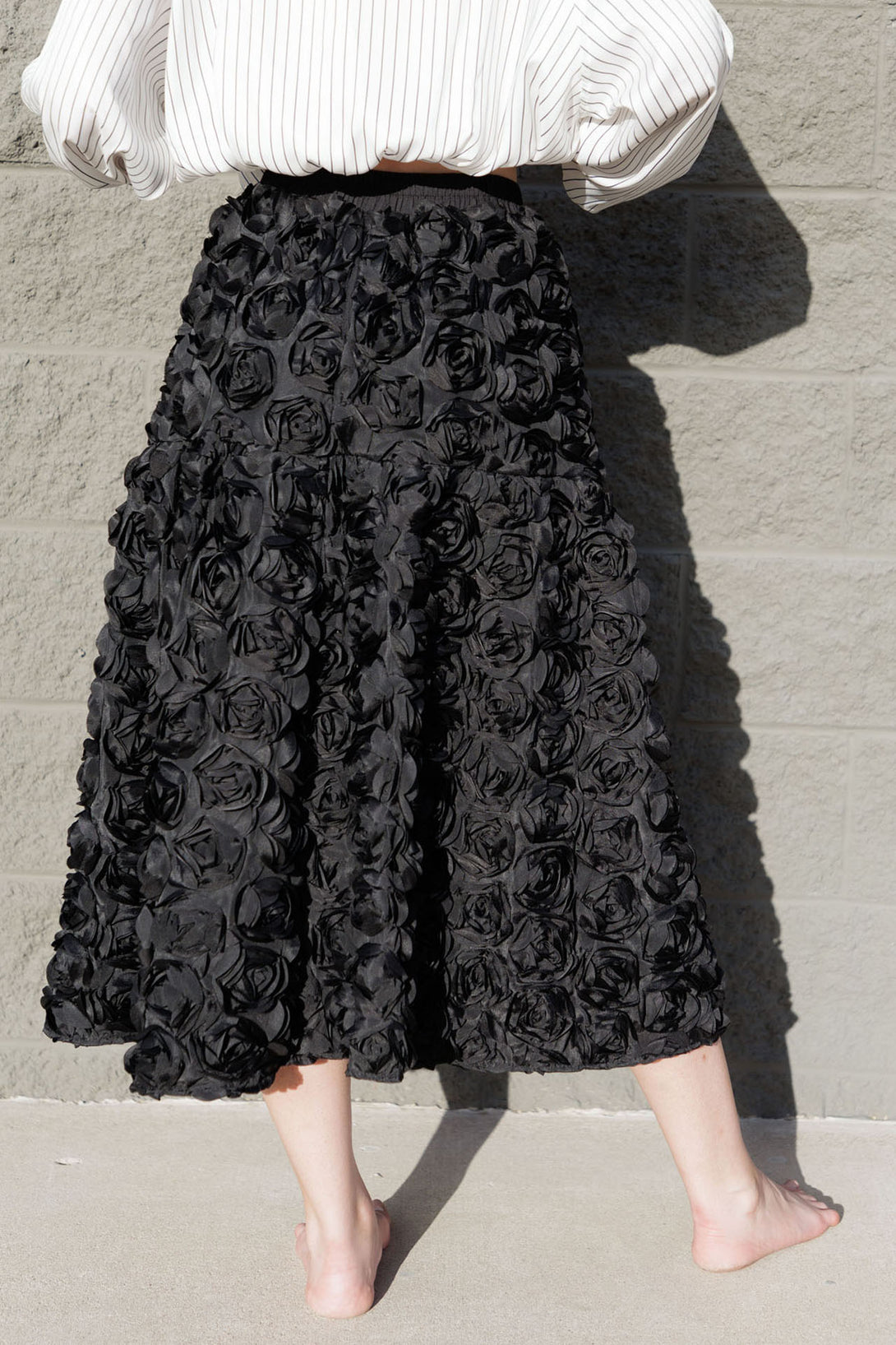 black floral skirt long, flowy midi skirt, floral midi skirt black, HT 360 Collective,