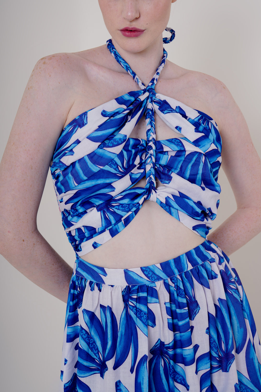 blue and white dress maxi, maxi side cut out dress, halter dress, HT 360 Collective,