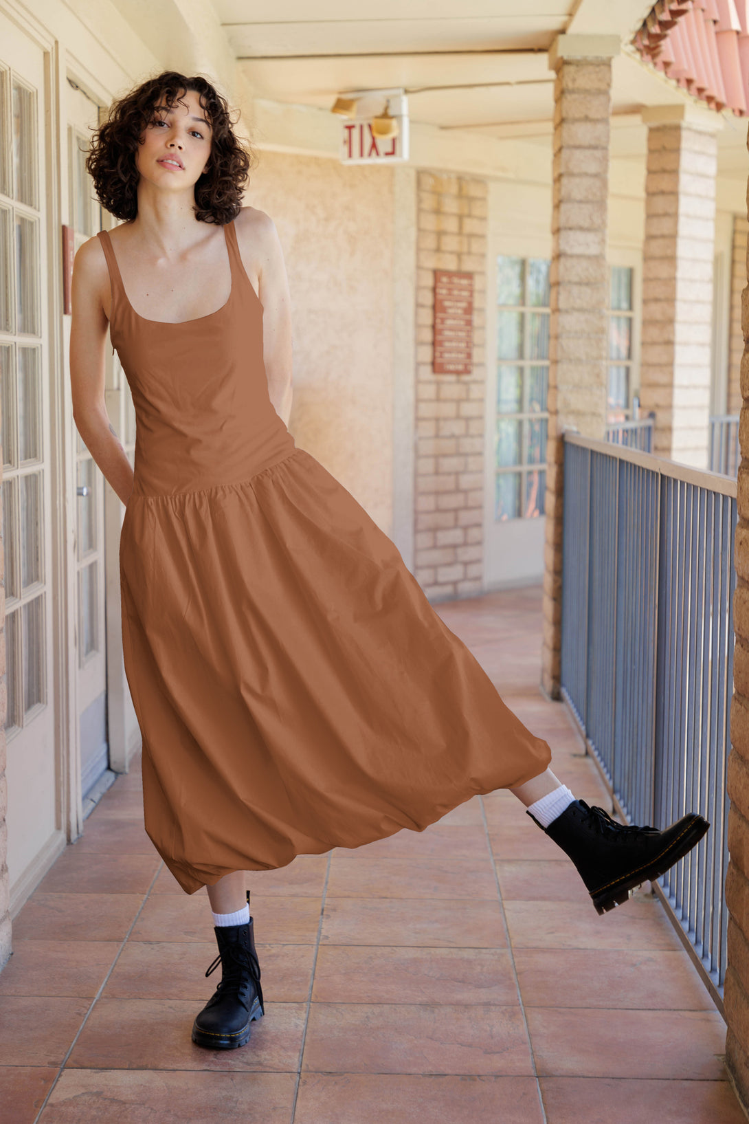 bubble hem prom dress, HT 360 Collective, soft volume, gathered hem dress, full dress, brown midi dress,