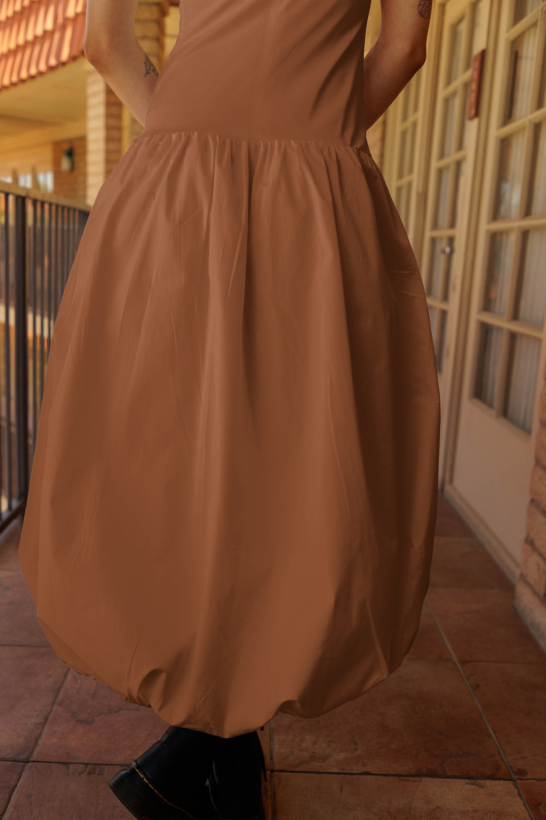 balloon hem dress, HT 360 Collective, soft volume, bubble hem dress, full dress, light brown midi dress,