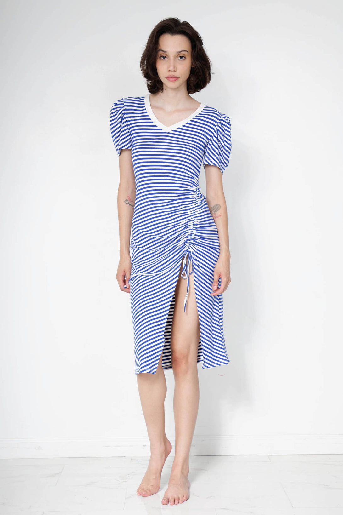 royal blue and white dress, casual midi dresses for women, blue striped midi dress, HT 360 Collective,