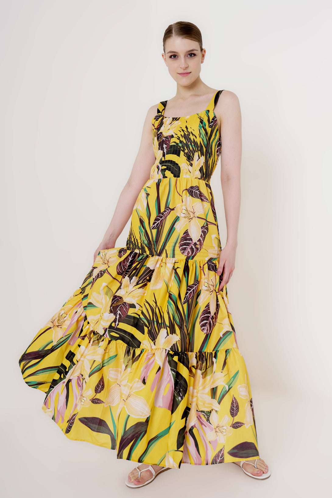 yellow tiered maxi dress, strappy maxi summer dresses, strappy maxi dress summer, HT 360 Collective,