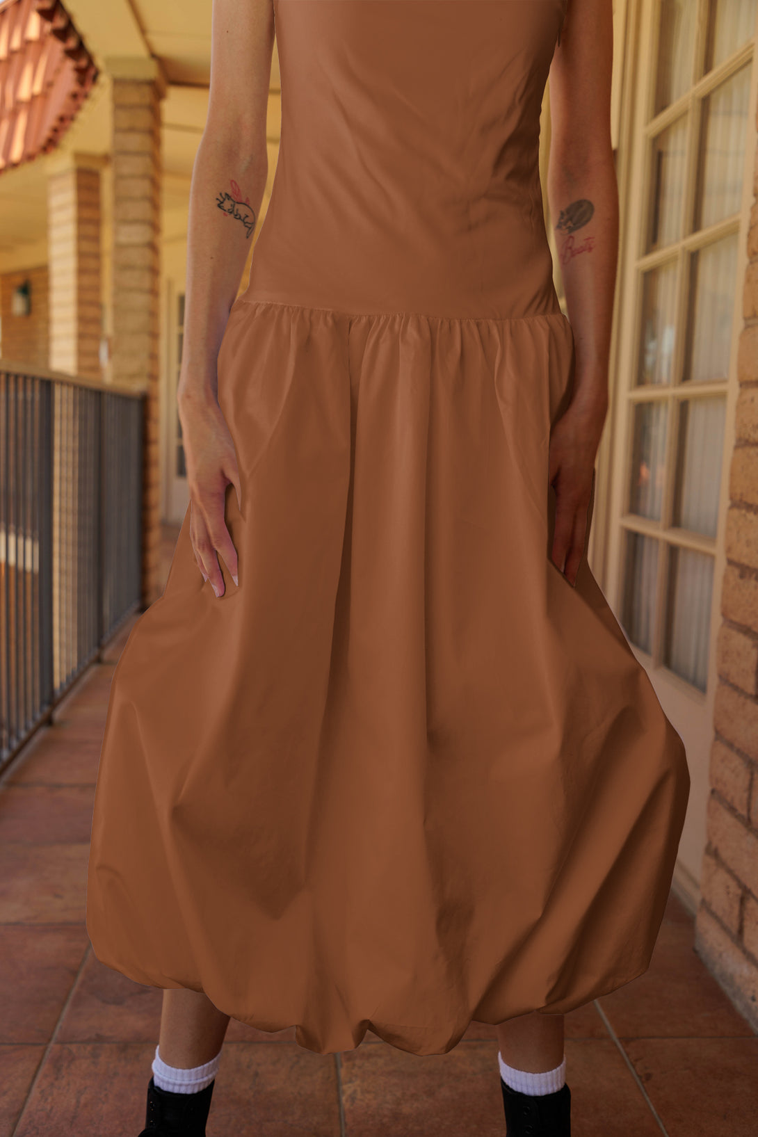 bubble hem cocktail dress, soft volume, brown midi, HT 360 Collective, bubble hem prom dress, full dress,