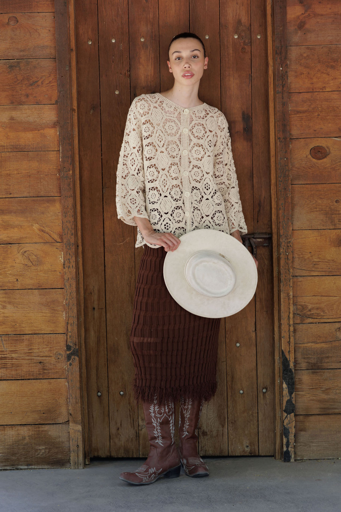 crochet blouse,  crochet short sleeve top, HT 360 Collective,  beige crochet top,