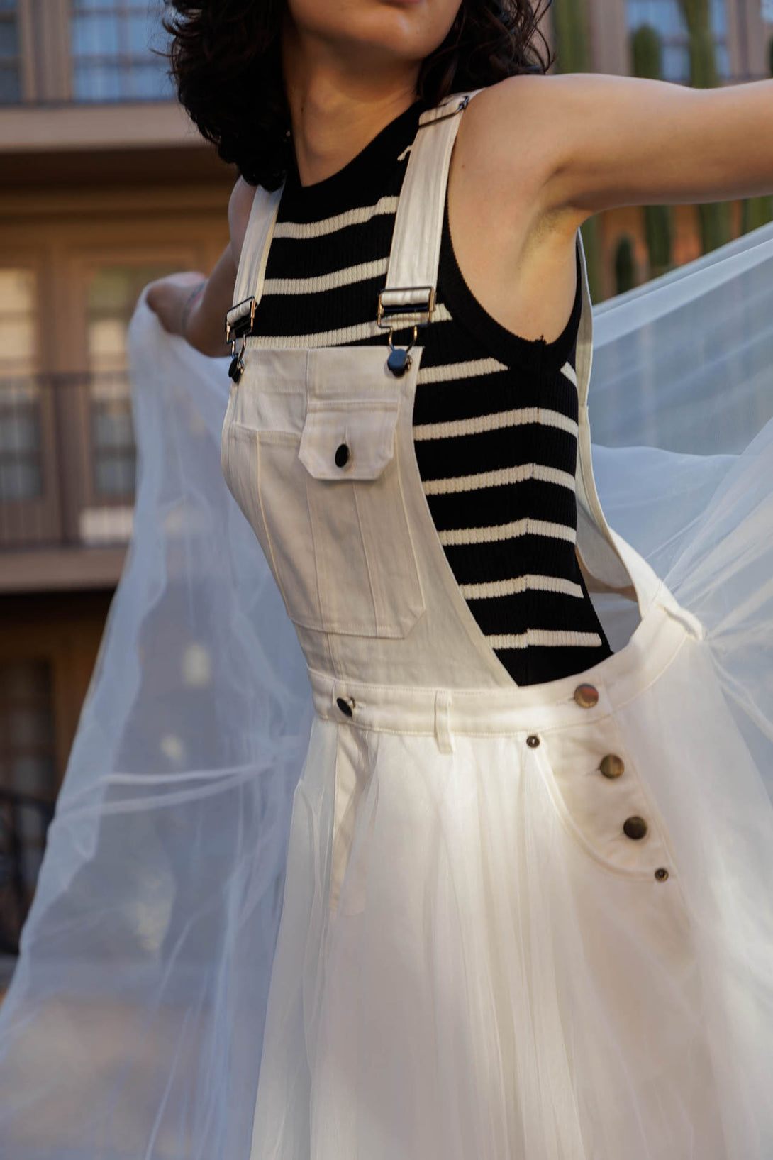 white dungaree dress, maxi dungaree dress, dungaree skirt dress, HT 360 Collective,