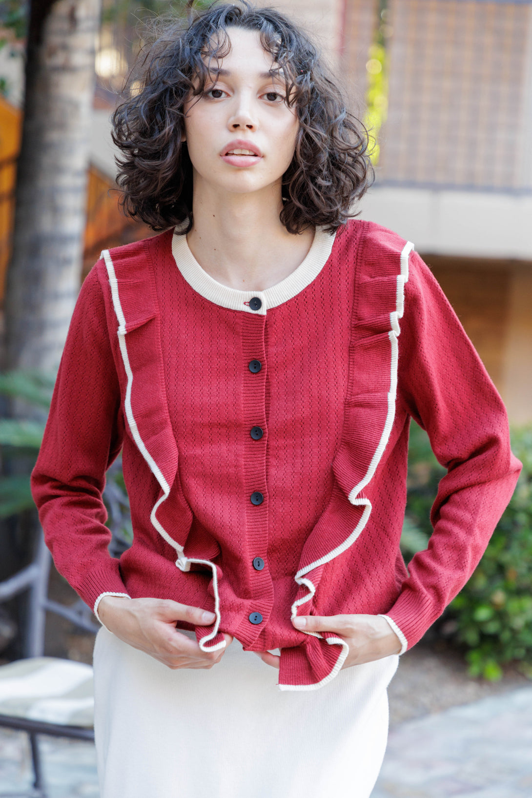  thick cardigan sweater, red cardigan sweater for ladies, dark red cardigan, HT 360 Collective,