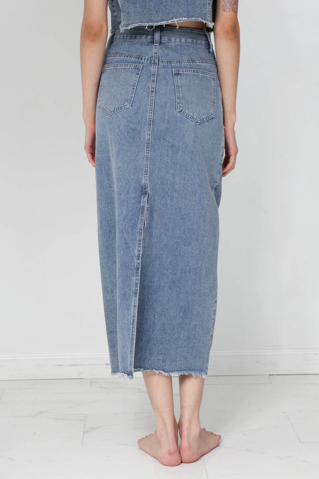 knee length denim skirt, high waisted midi skirt, HT 360 Collective, high waisted denim skirt,