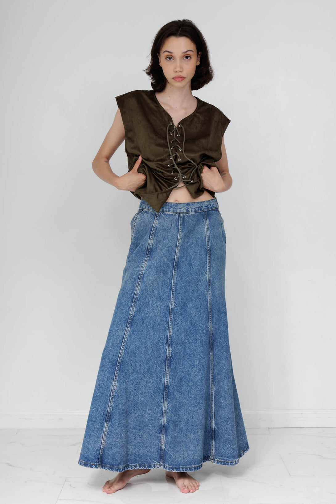 long dark denim skirt, HT 360 Collective, floor length denim skirt, high waisted denim maxi skirt,