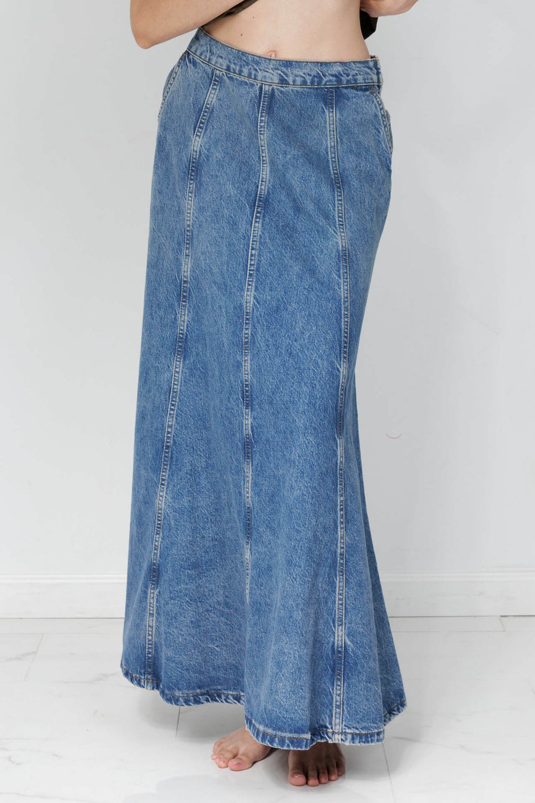 long blue jean skirts, HT 360 Collective, womens denim maxi skirt, ladies long denim skirt,