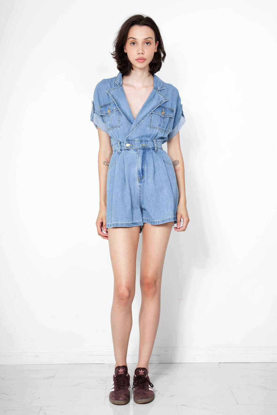 denim rompers for ladies, short jumpsuit denim, HT 360 Collective, romper denim shorts,