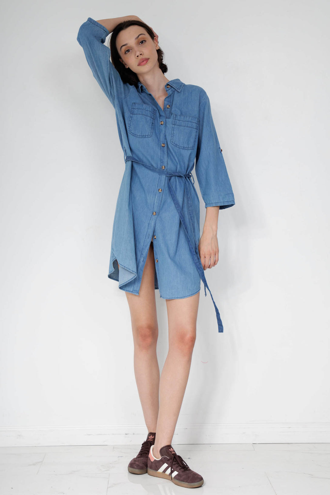 denim button dress, jeans shirt dress, HT 360 Collective, blue denim shirt dress,