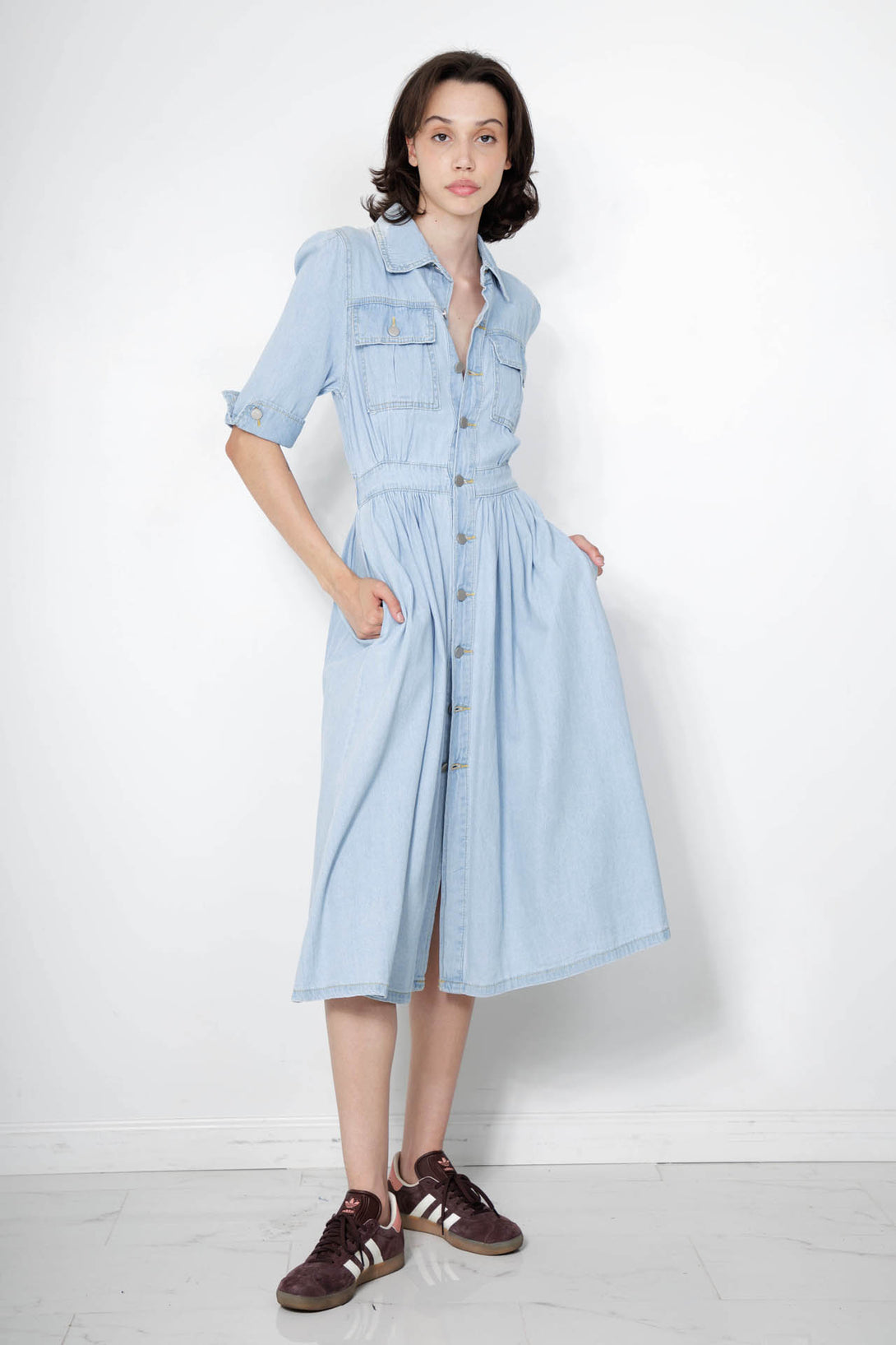 blue jean shirt dress, HT 360 Collective, long sleeve denim shirt dress, denim button dress,