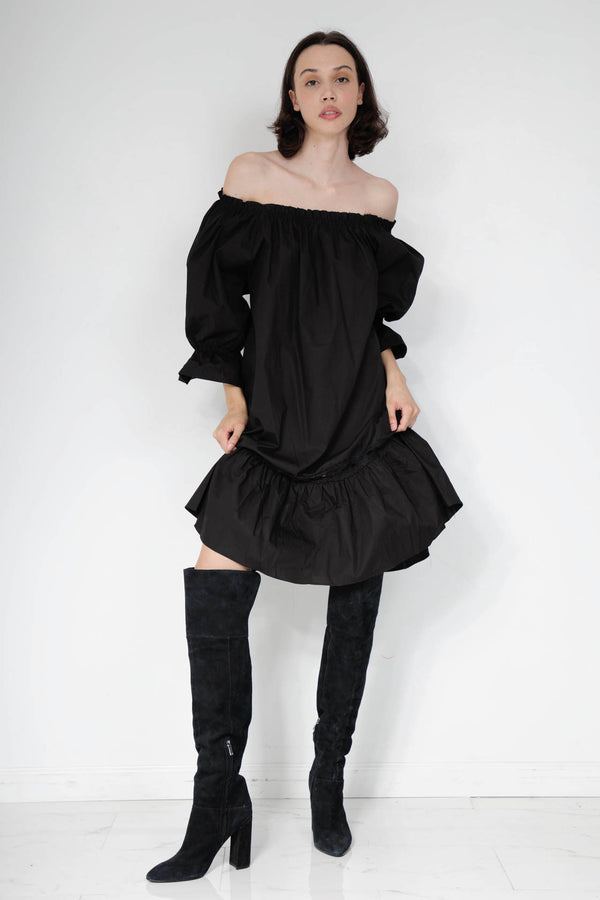 black midi dress formal, summer midi dress with sleeves, black midi dress, HT 360 Collective, off the shoulder prom dress,