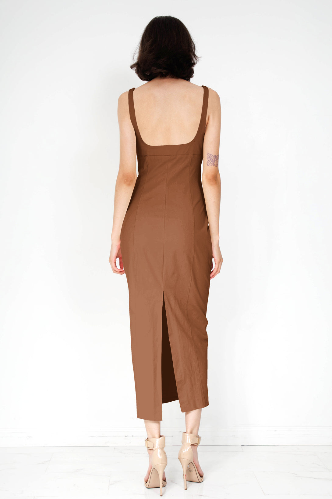 sleeveless midi dress, HT 360 Collective, midi length dresses, lace up backless dress, chocolate brown midi dress,