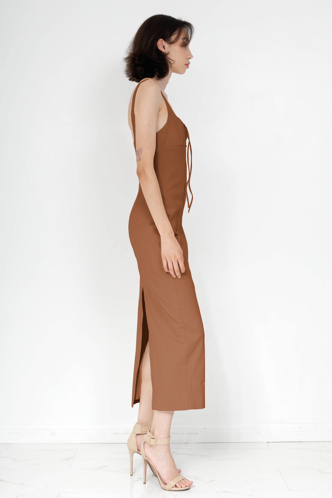 elegant midi dress, HT 360 Collective, midi party dresses for women, lace up front dress, midi dress brown,