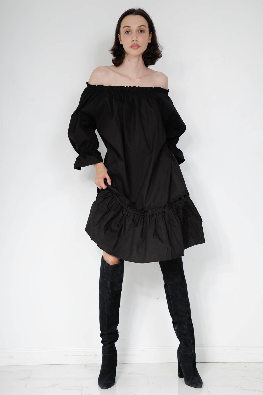 black midi dress women, knee length cocktail dress, black midi dress summer, HT 360 Collective, and off shoulder dress,