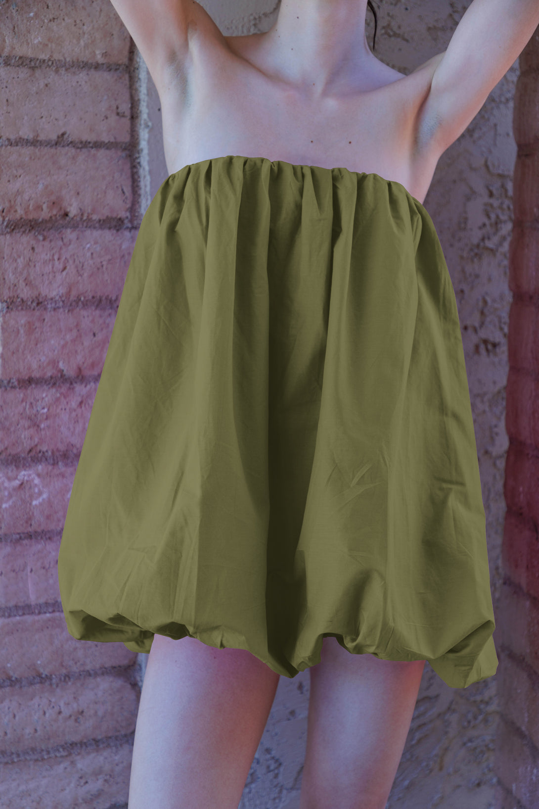 balloon hem dress, HT 360 Collective, soft volume, bubble hem dress, full dress, green short dress,