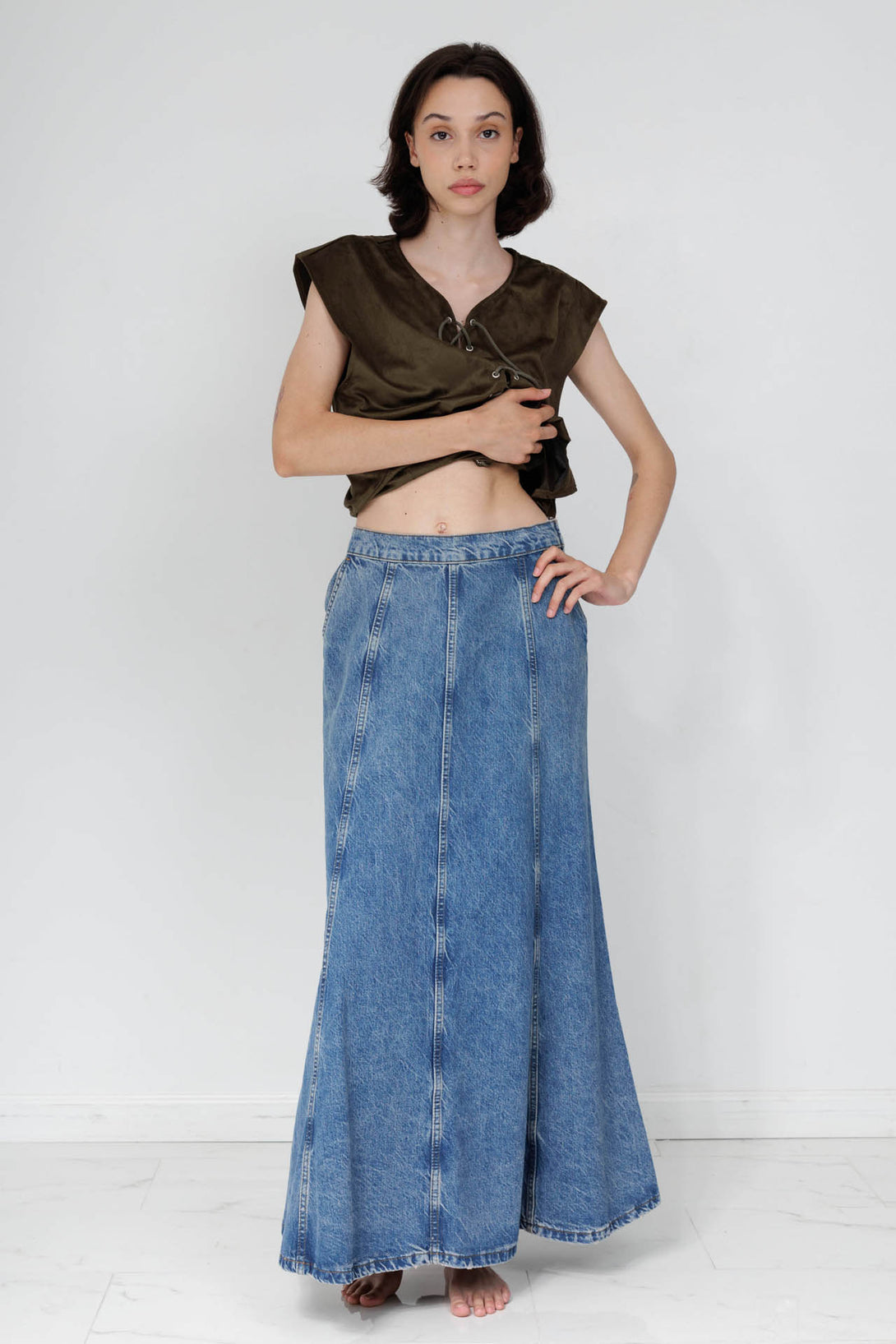 blue jean maxi skirt, HT 360 Collective, long straight denim skirt, dark denim long skirt,