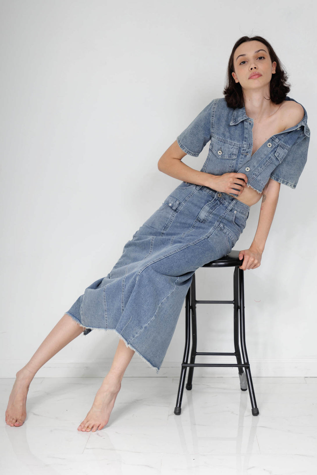 knee length denim skirt, high waisted midi skirt, HT 360 Collective, high waisted denim skirt,