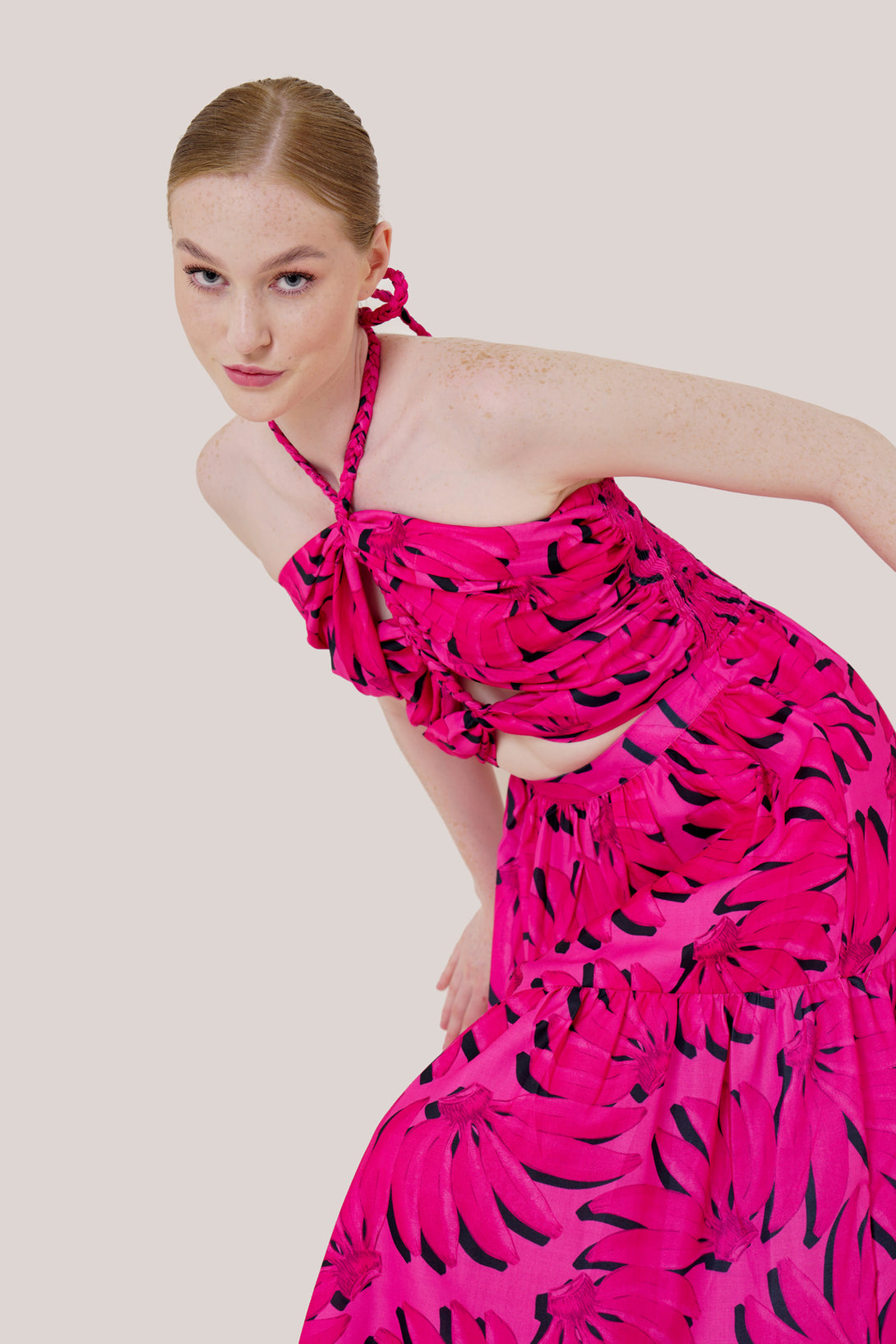 hot pink color dress, maxi side cut out dress, halter dress, HT 360 Collective,