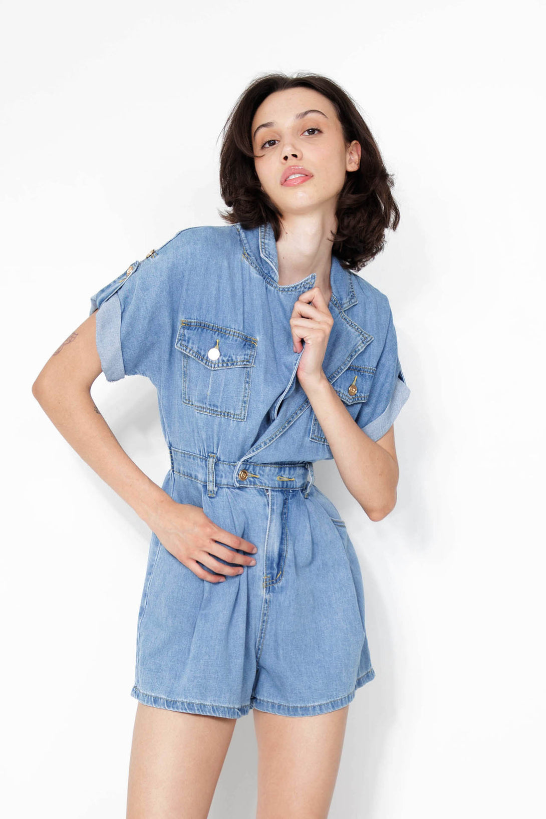 jean romper shorts, HT 360 Collective, denim short jumpsuit, denim rompers for ladies,