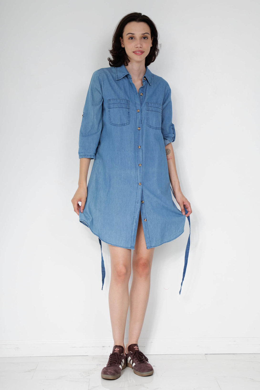 denim mini shirt dress,  blue jean shirt dress, HT 360 Collective, long sleeve denim shirt dress,
