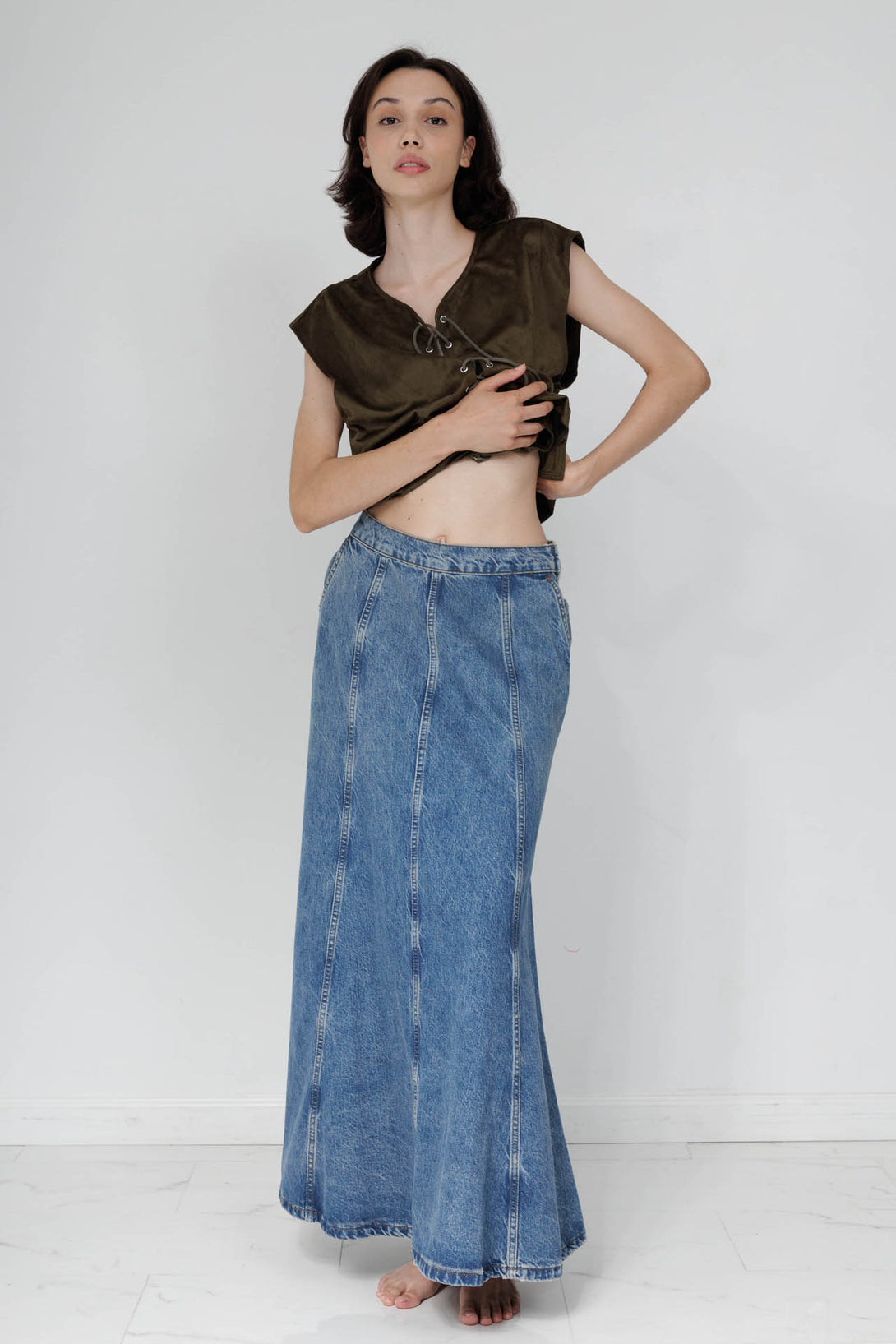 dark denim maxi skirt, HT 360 Collective, high waisted long denim skirt, full length denim skirt,