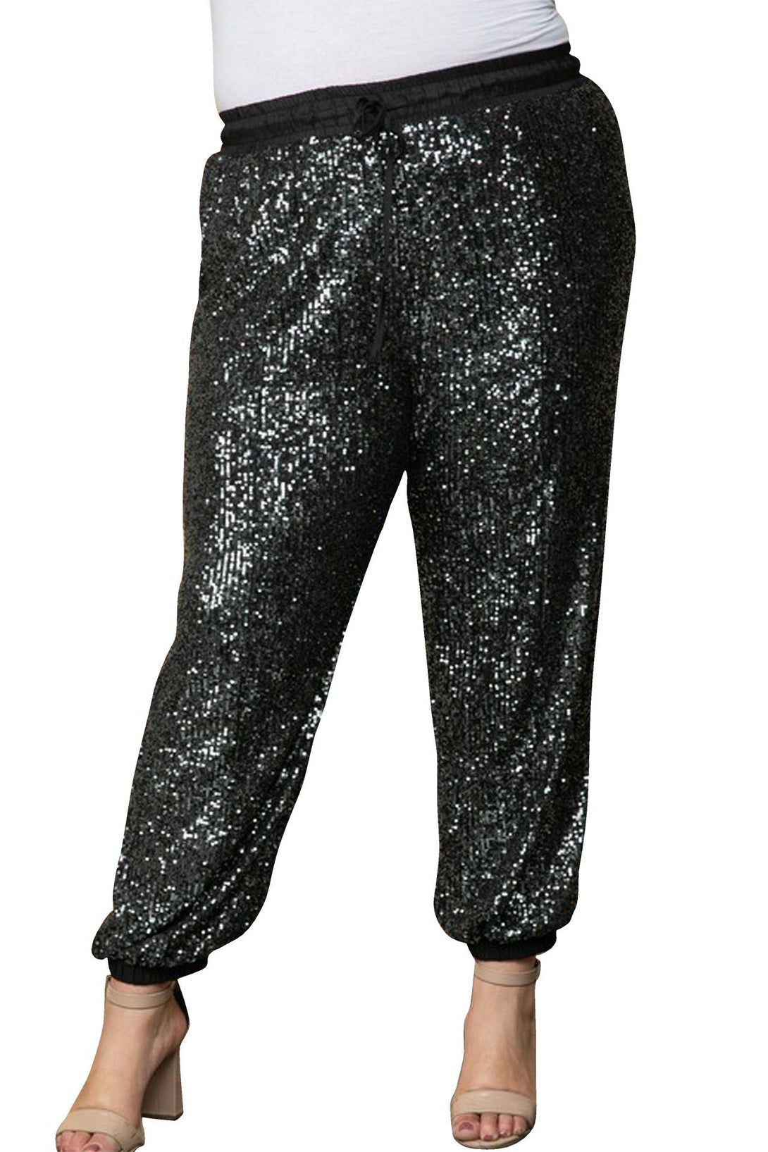 "black sequin jogger pants" "plus size sequin joggers" "women's sequin jogger pants" "HT 360 Collective"