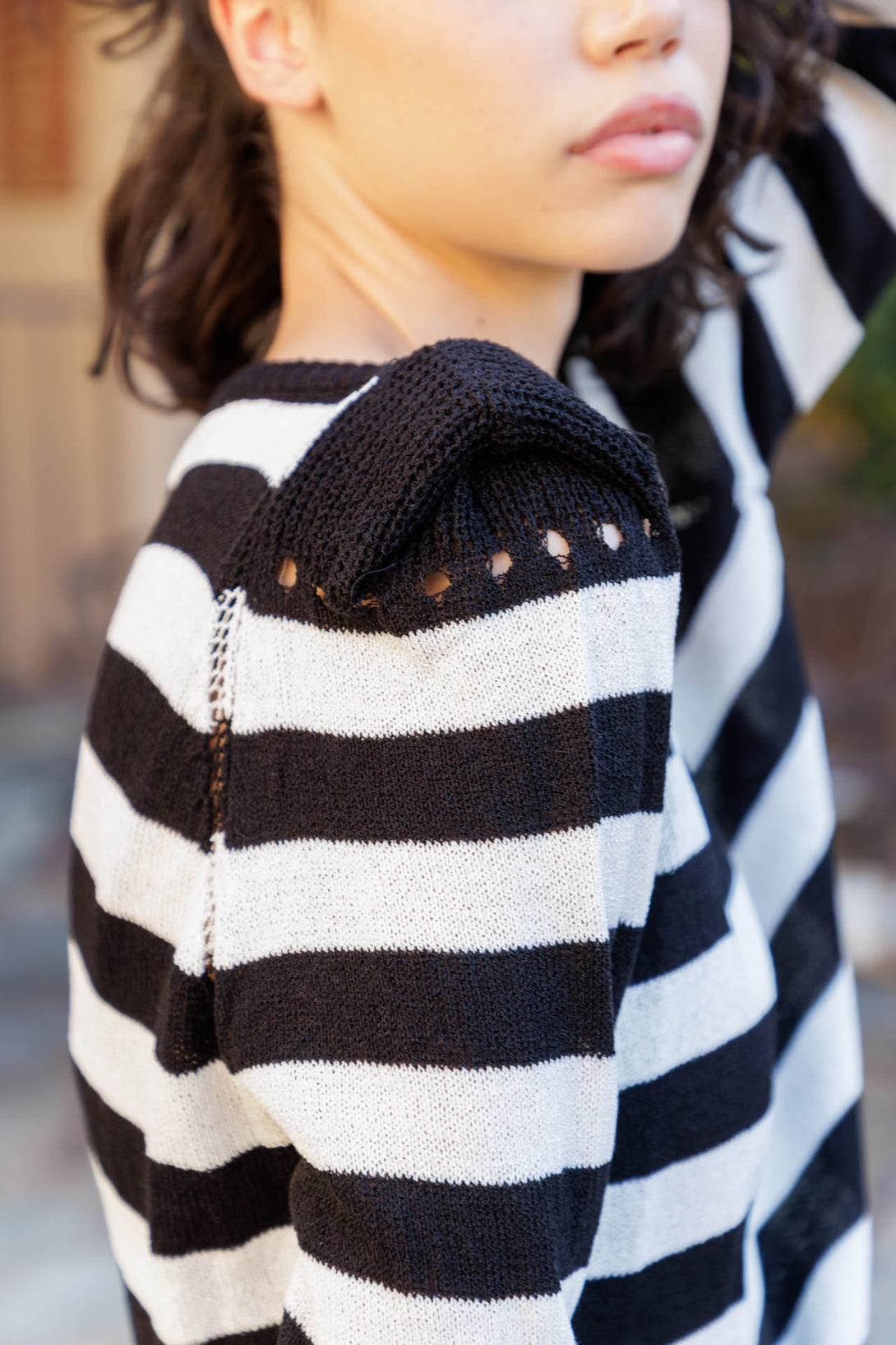 women's knit tops long sleeve, striped knit top, HT 360 Collective, black and white knit top,