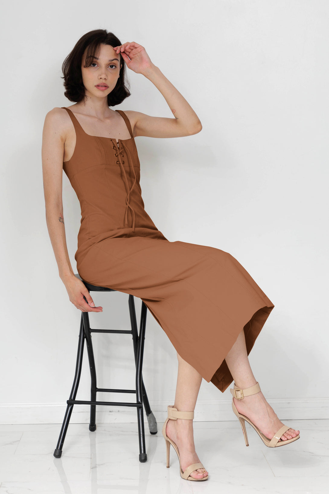 midi summer dresses for women, HT 360 Collective, casual midi dresses for women, dress tie up, brown bodycon midi dress,