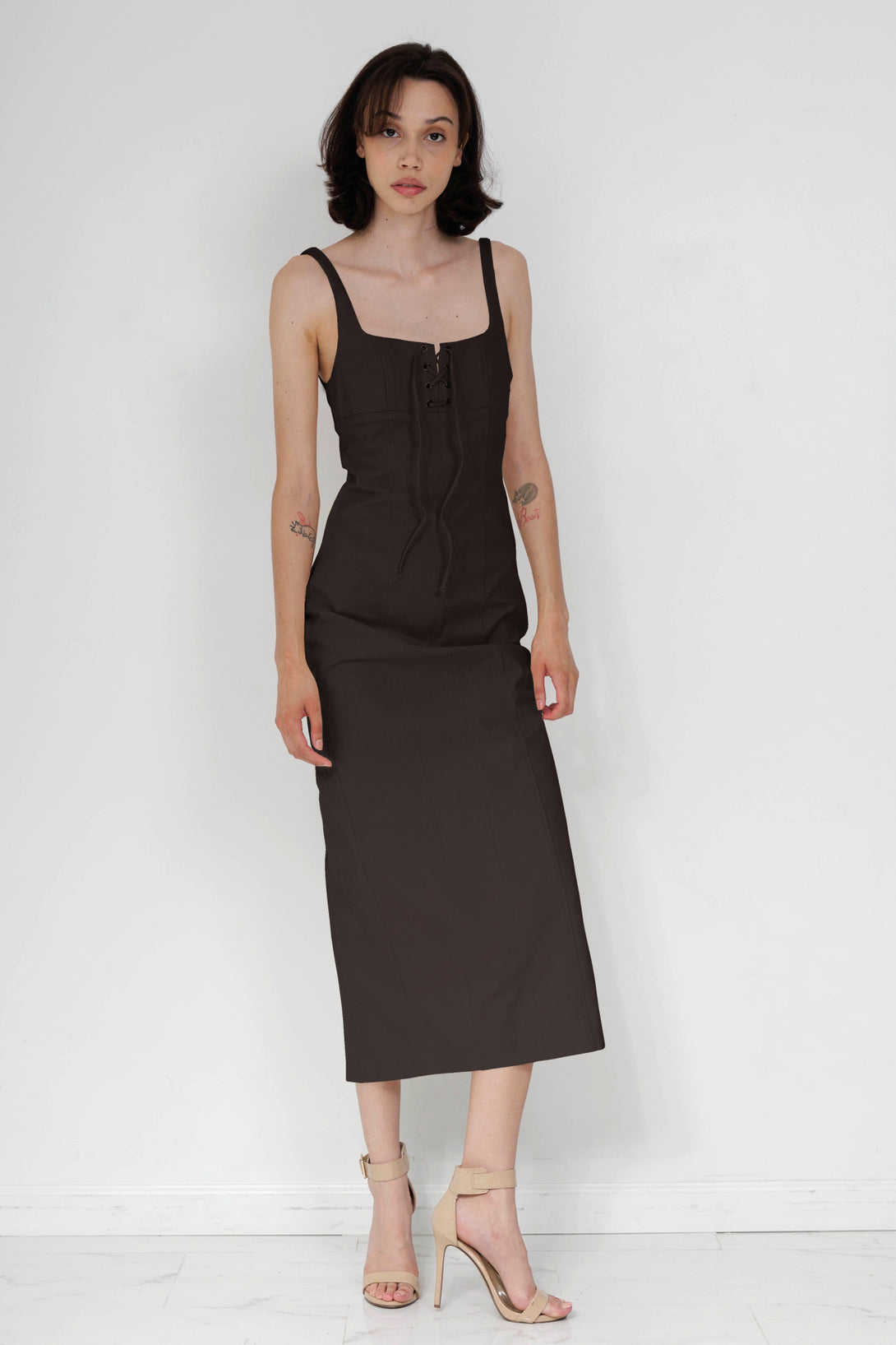midi dress for women, HT 360 Collective, summer midi dress, formal lace up dress, womens brown midi dress,