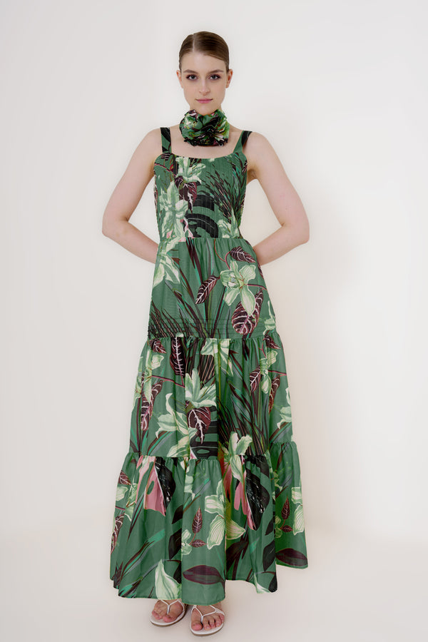 dress green maxi, fit and flare long dress, long strappy dress, long layered dress, maxi dress tiered, HT 360 Collective,