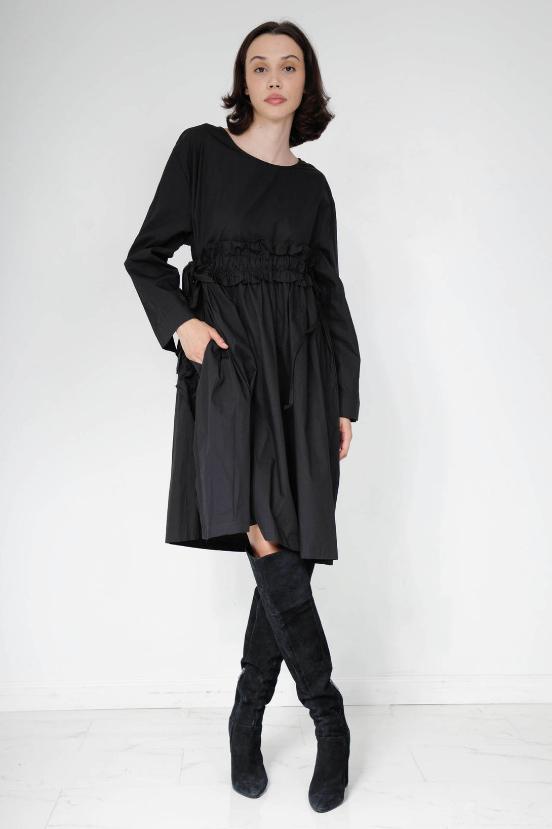ladies black midi dress, ladies knee length dresses, elegant black midi dress, HT 360 Collective, 