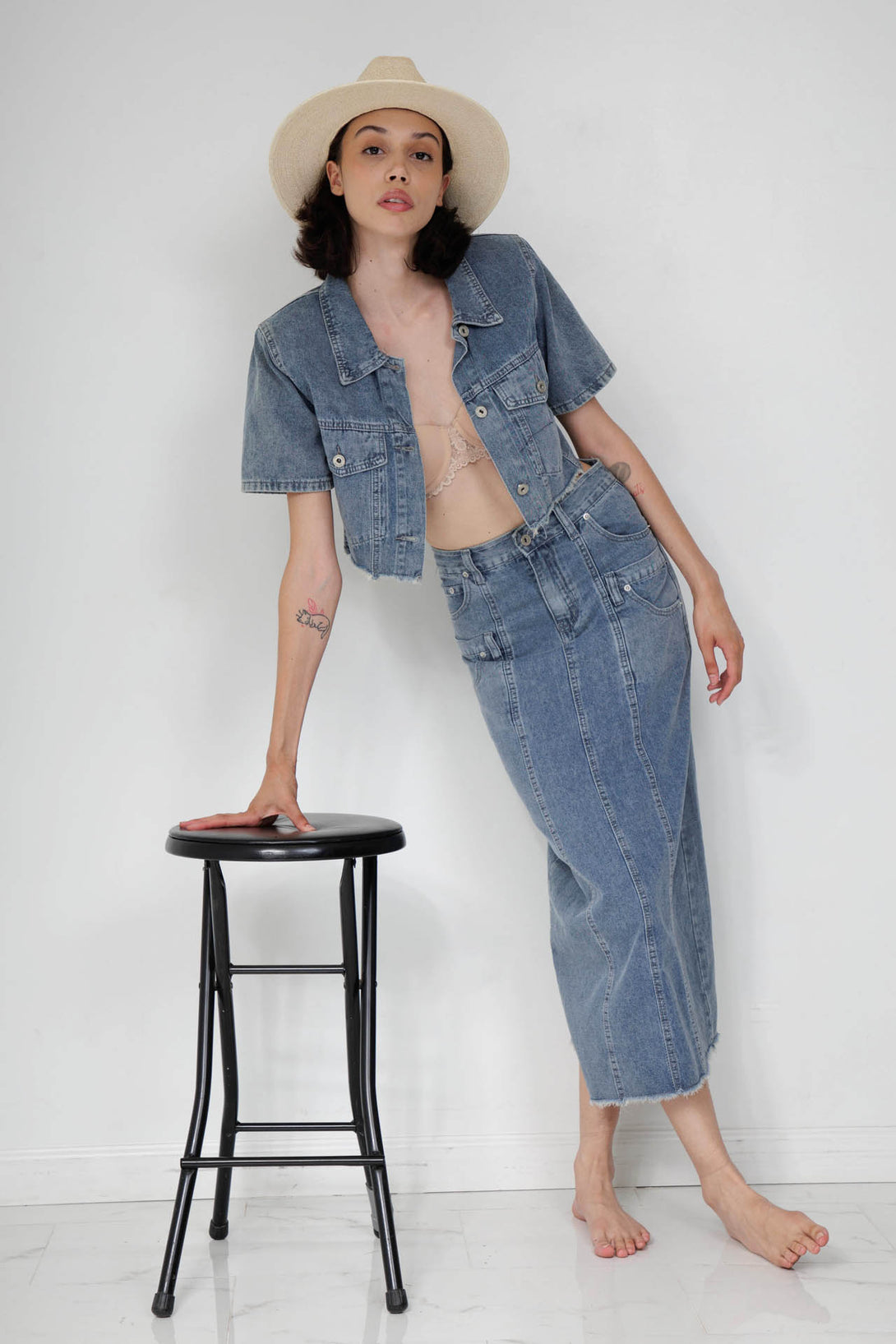 denim midi womens, mid length denim skirt, HT 360 Collective, blue denim skirt,