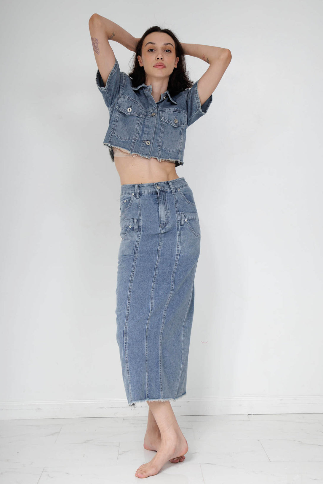 denim skirt near me, mid length jean skirt, HT 360 Collective, cute jean skirts,