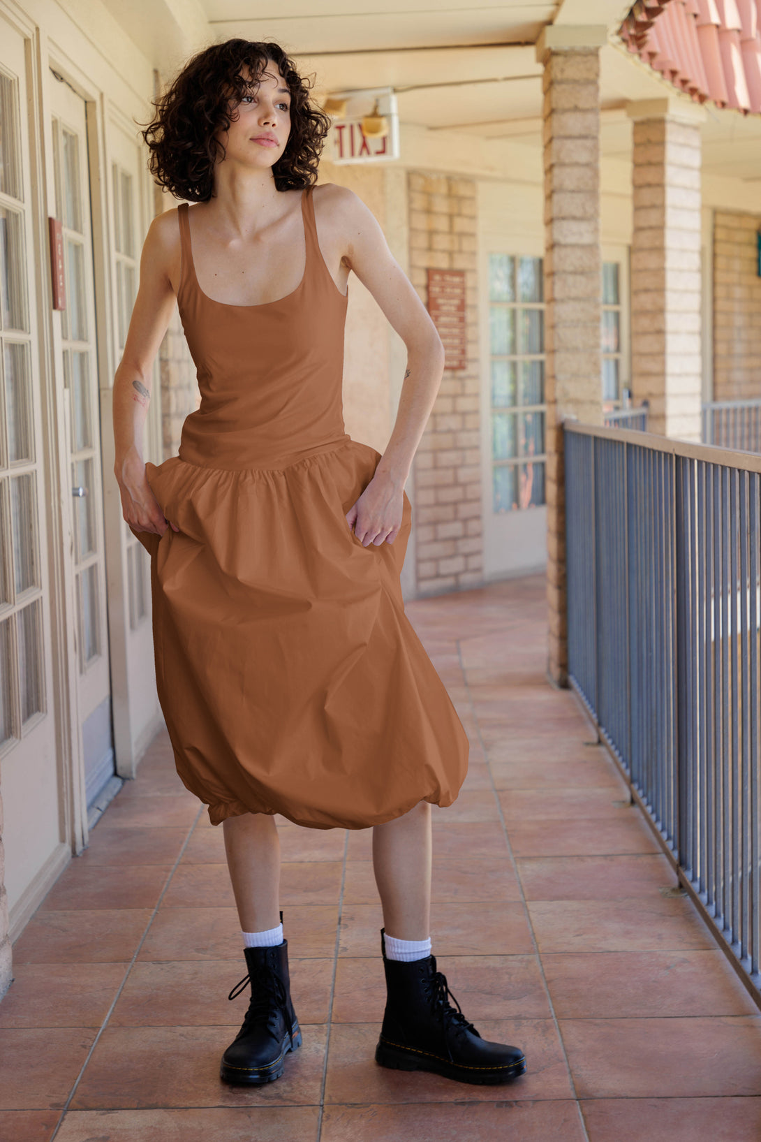 balloon hem, HT 360 Collective, soft volume, bell hem dress, full dress, brown dress midi,