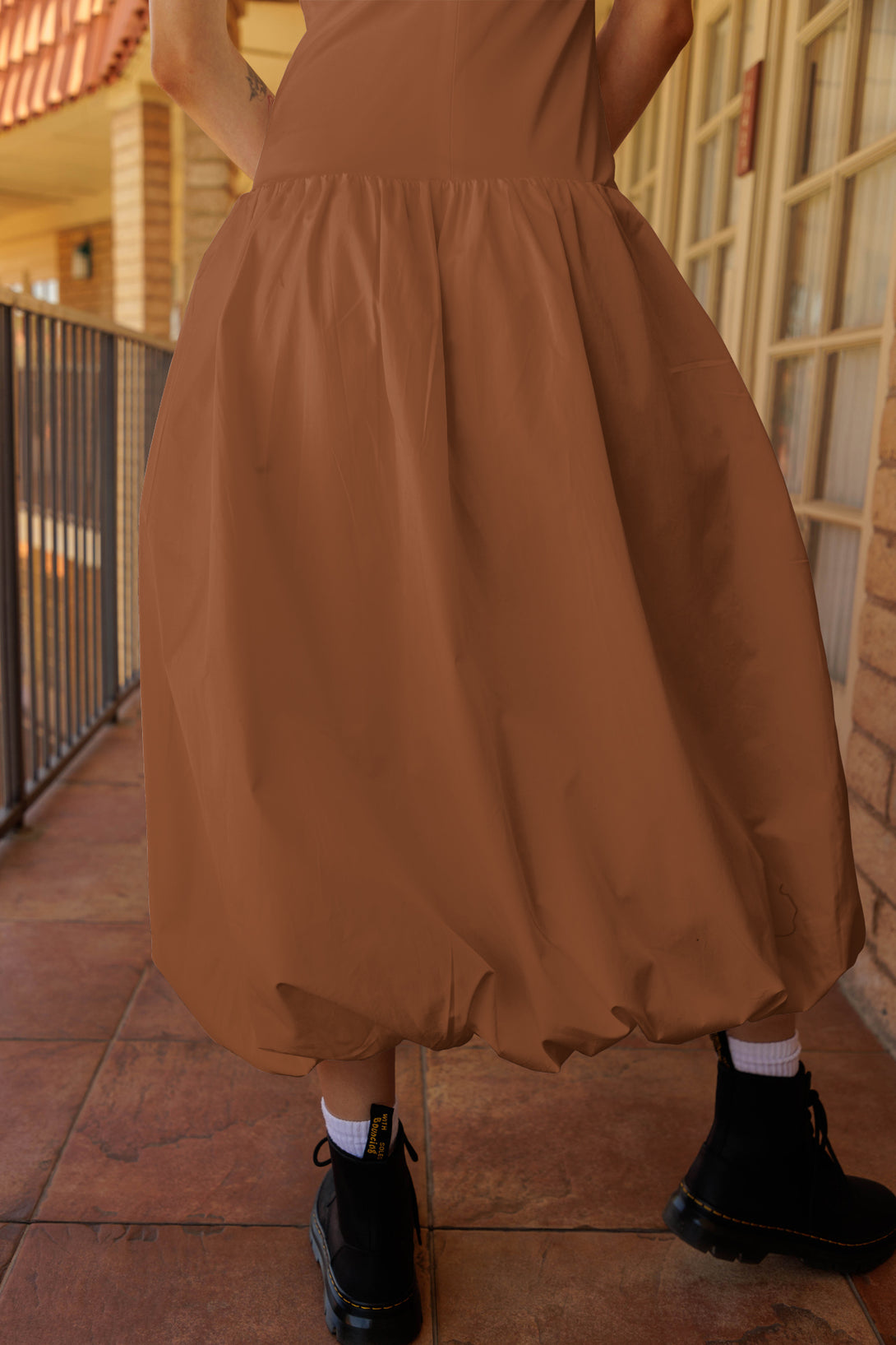 plus size bubble hem dress, soft volume, midi dress brown,