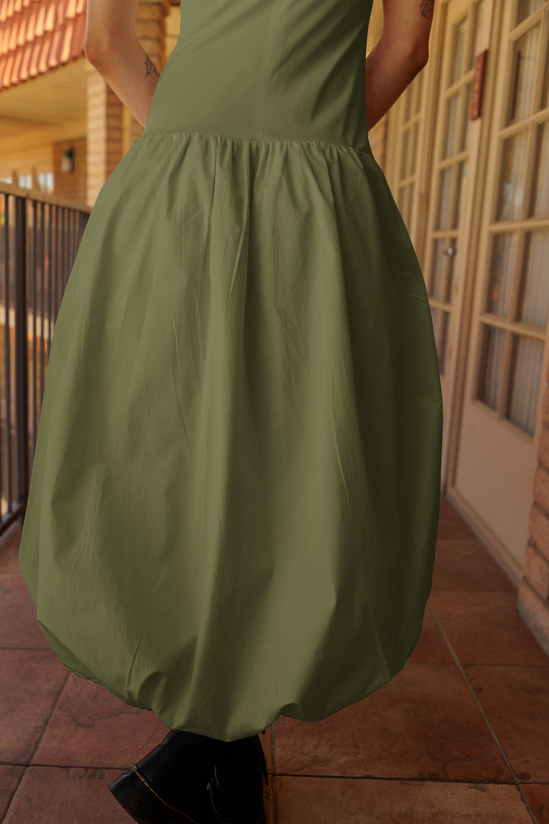 bubble bottom dress, HT 360 Collective, full dress, plus size bubble hem dress, soft volume, midi dress in green,