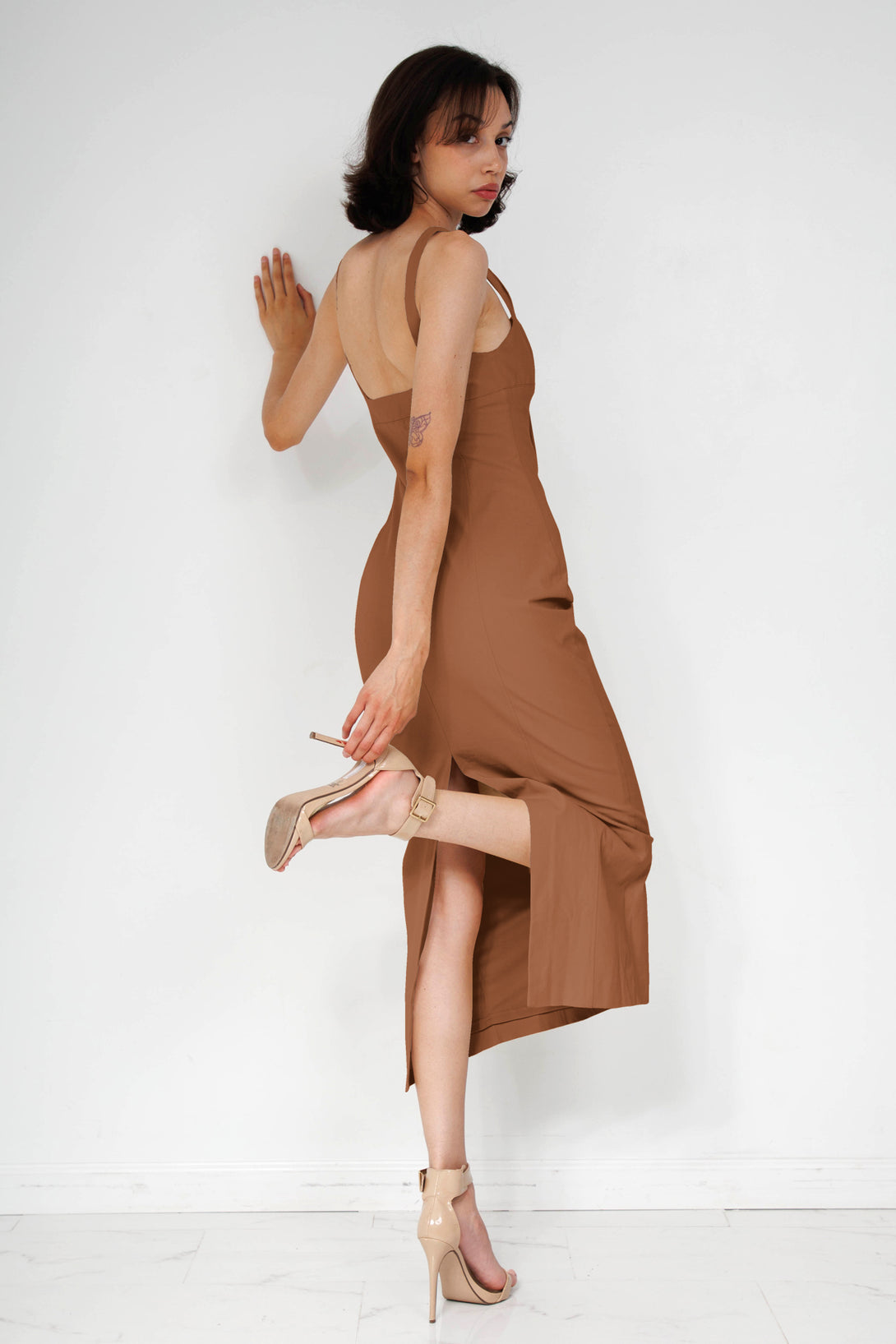 midi casual dresses for women, HT 360 Collective, mid length dresses formal, tie up dress, brown midi dress,
