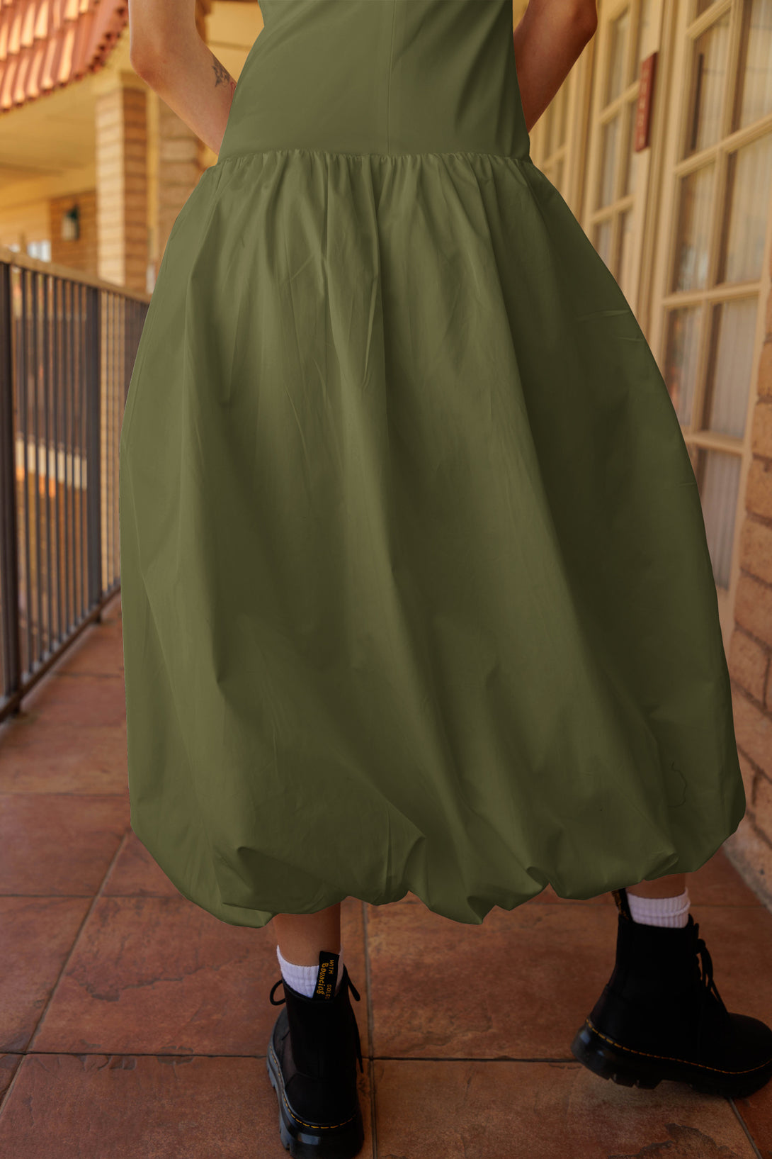 bubble hem prom dress, HT 360 Collective, soft volume, gathered hem dress, full dress, green midi dress,