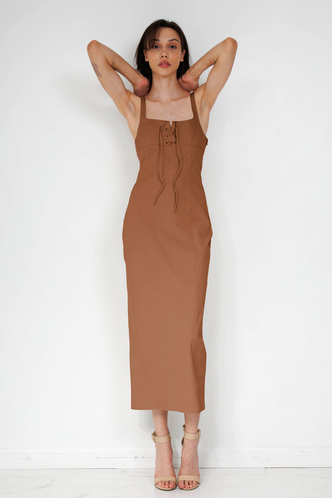 sleeveless midi dress casual, HT 360 Collective, ladies midi summer dresses, lace up lace dress, midi dress brown,