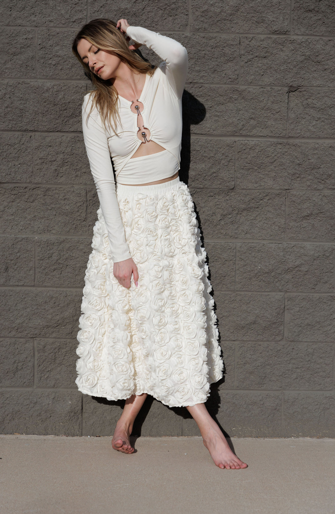  white skirt floral, flowy midi skirt, white floral midi skirt, HT 360 Collective,