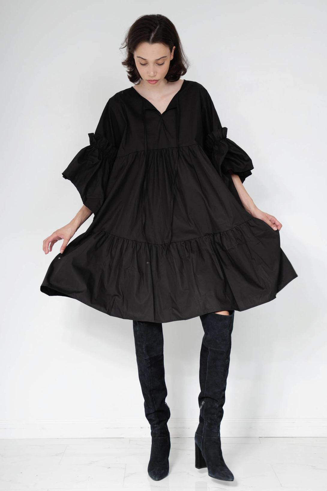 dark midi dress, knee length formal dresses, black womens midi dress, HT 360 Collective, 