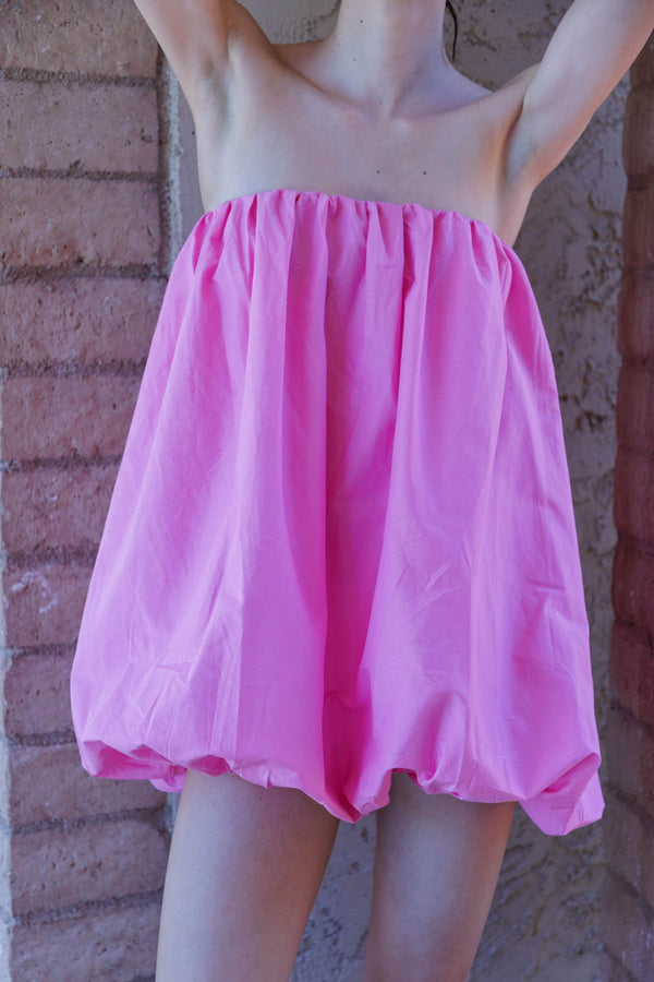 bubble dress hem, HT 360 Collective, full dress, dress with bubble hem, hot pink short dress, soft volume,