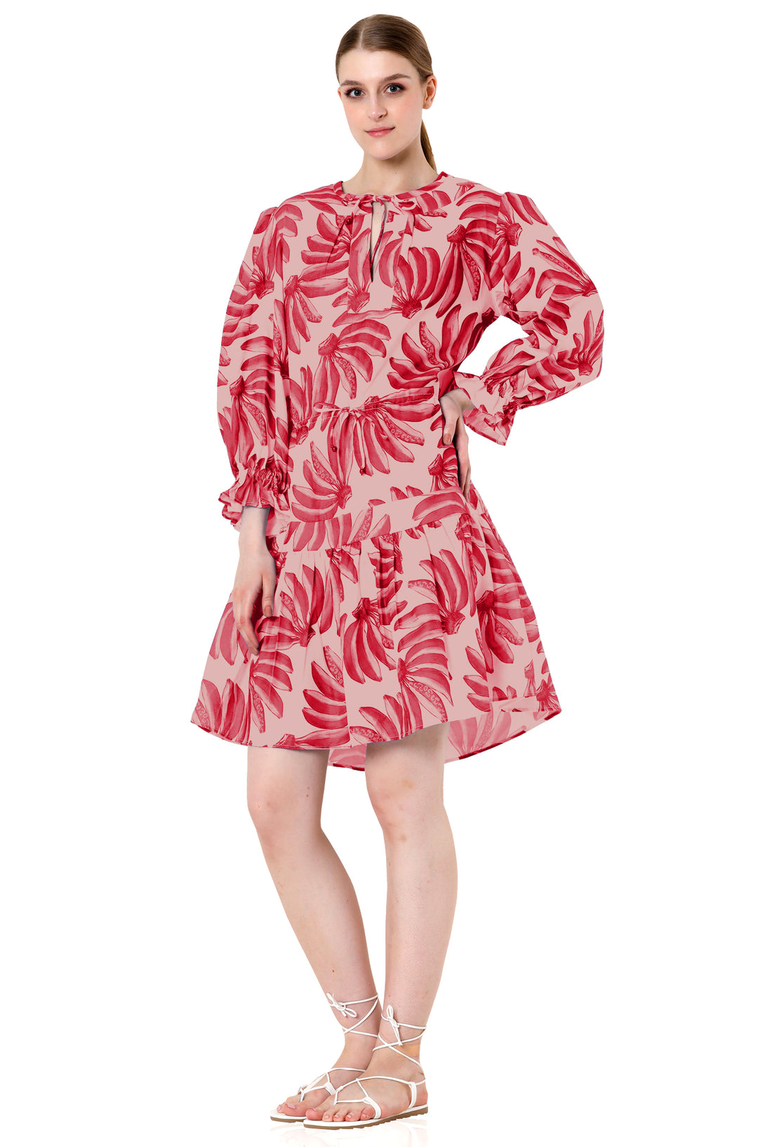 red long sleeve mini dress, under knee dress, printed mini dress, HT 360 Collective,