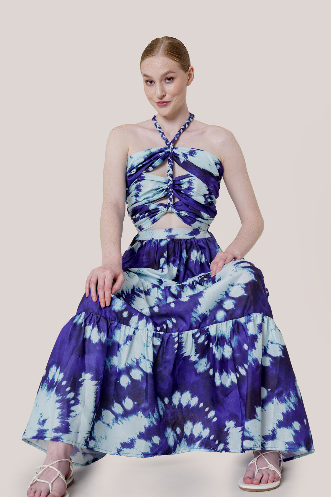 blue white maxi dress, blue floor length dress, cut out flowy dress, HT 360 Collective, 